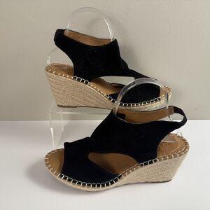 Gentle Souls Women's Cody Wedge Espadrille Sandals Black Size 9.5 Leather